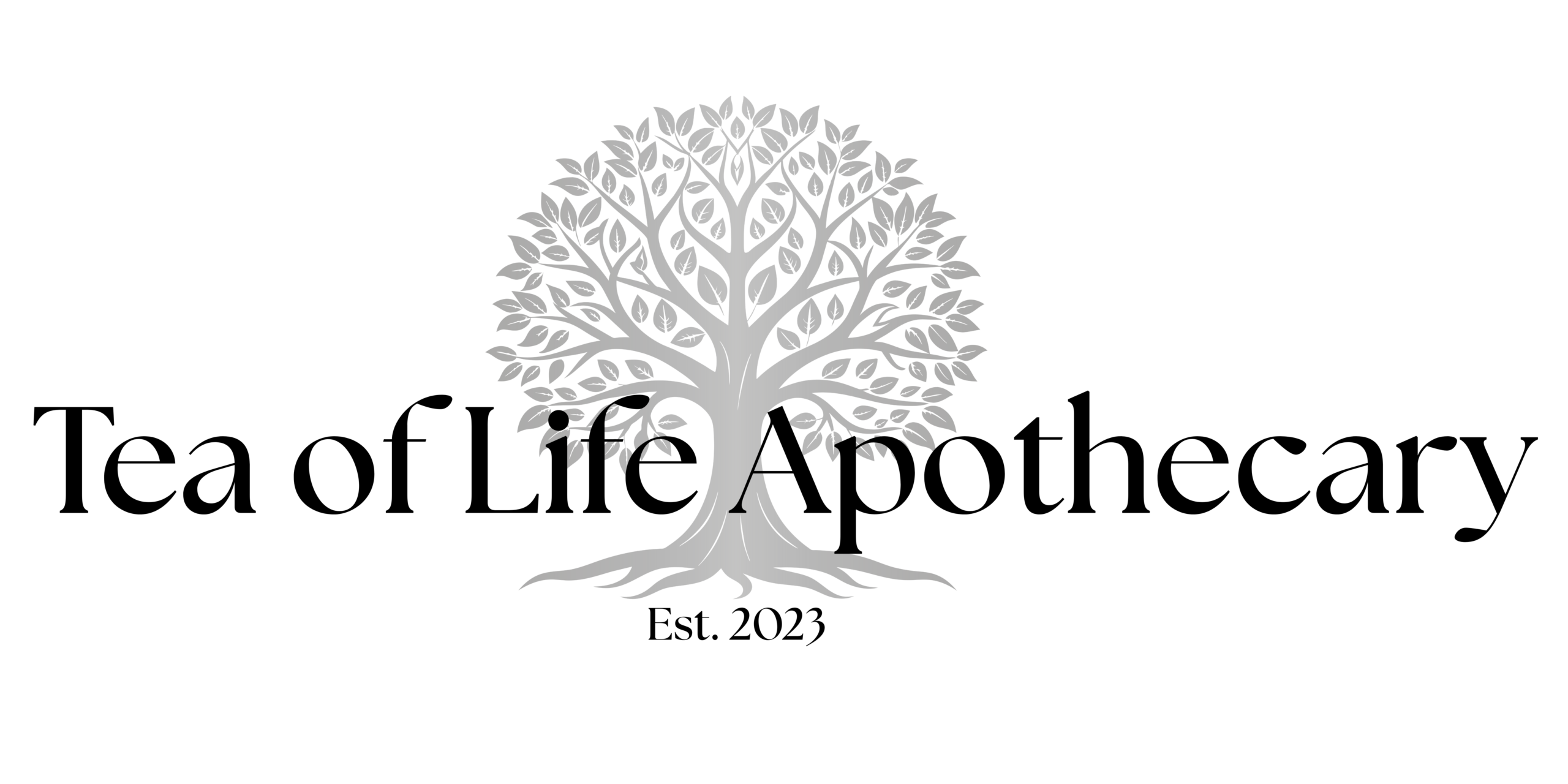 Tea of Life Apothecary logo featuring a large tree with spreading branches and roots behind elegant black lettering on a soft gray background.