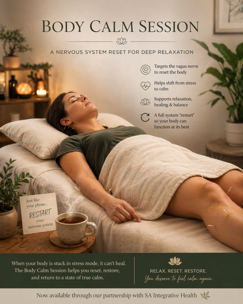 Current image: Person lying relaxed on a massage table during a Body Calm Session with acupuncture needles placed in ears, arms, and legs, with a cup of herbal tea on a side table in a calming spa environment.