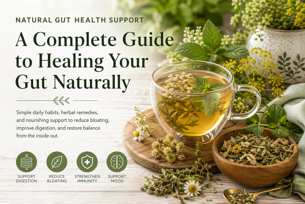 Current image: Herbal tea for gut health support with fresh mint and natural herbs, promoting digestion, reducing bloating, and supporting overall wellness