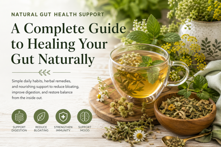Herbal tea for gut health support with fresh mint and natural herbs, promoting digestion, reducing bloating, and supporting overall wellness