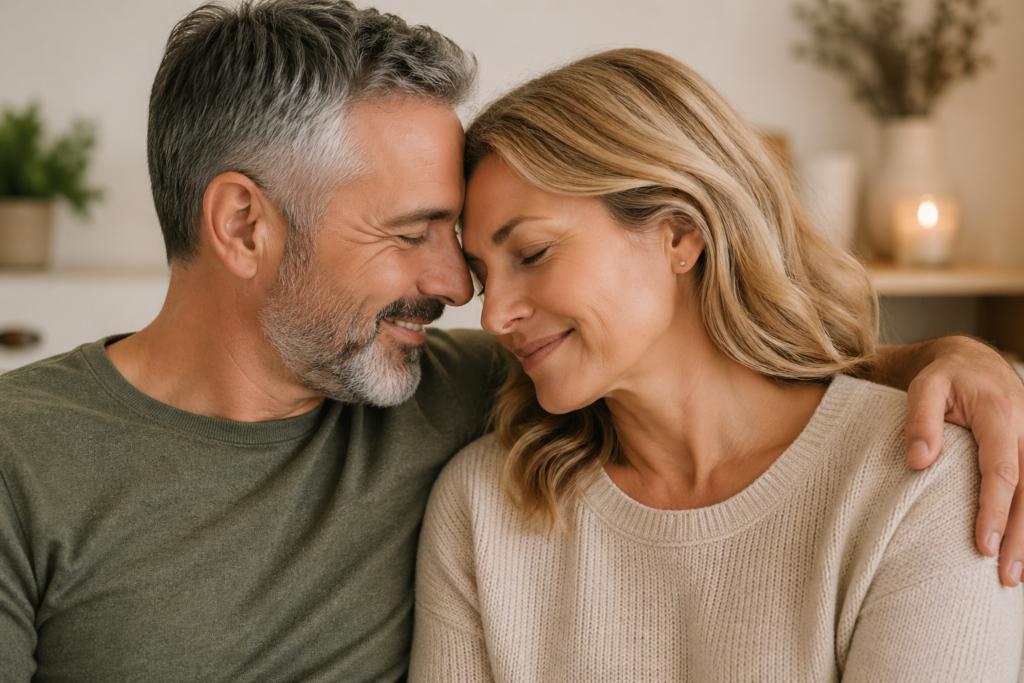 middle aged couple sharing an intimate, peaceful moment supporting connection and emotional wellness