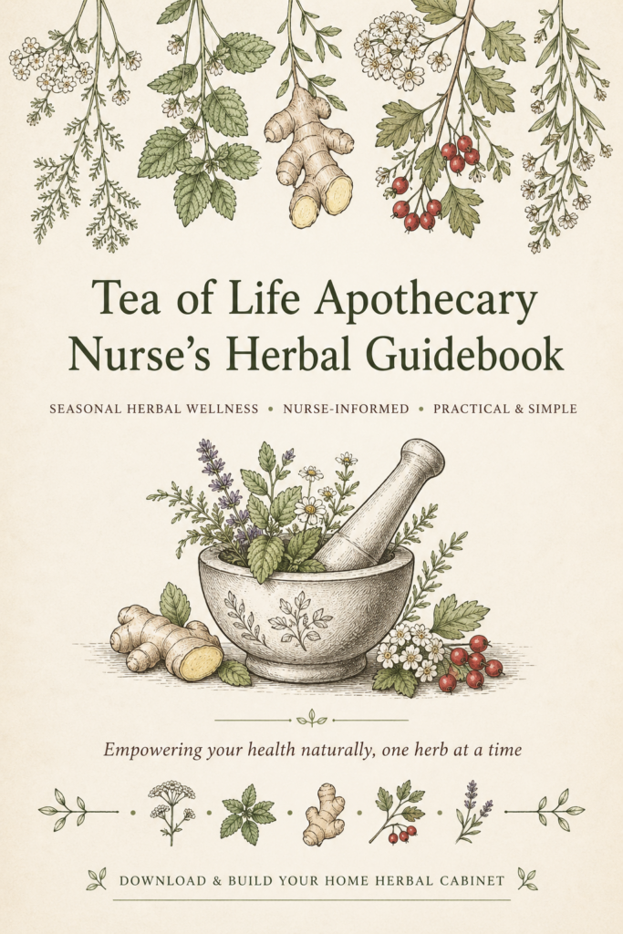 Current image: Nurse’s Herbal Guidebook cover by Tea of Life Apothecary featuring botanical herbs, mortar and pestle, and natural wellness theme