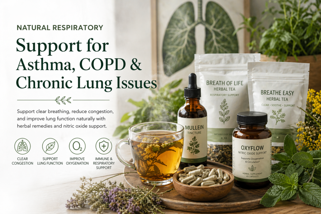Current image: Natural lung support with herbal tea, mullein tincture and nitric oxide supplements for improving breathing and respiratory health