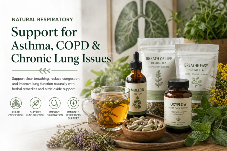 Natural lung support with herbal tea, mullein tincture and nitric oxide supplements for improving breathing and respiratory health