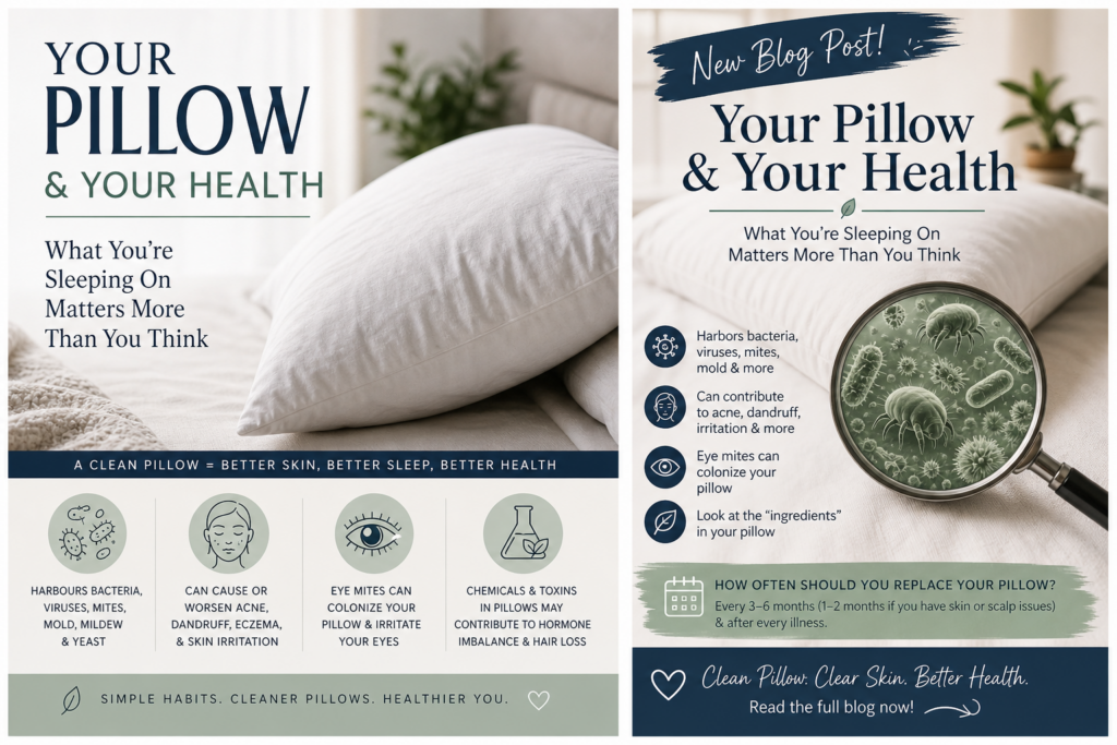 Current image: Clean white pillow on a bed with text explaining how your pillow impacts your health, including bacteria, mites, mold, and toxins that can affect skin, sleep, and overall wellness.