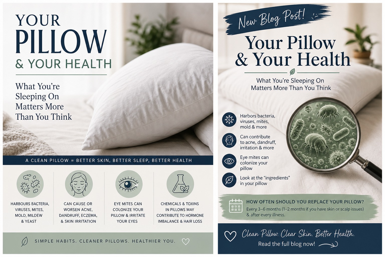 Clean white pillow on a bed with text explaining how your pillow impacts your health, including bacteria, mites, mold, and toxins that can affect skin, sleep, and overall wellness.