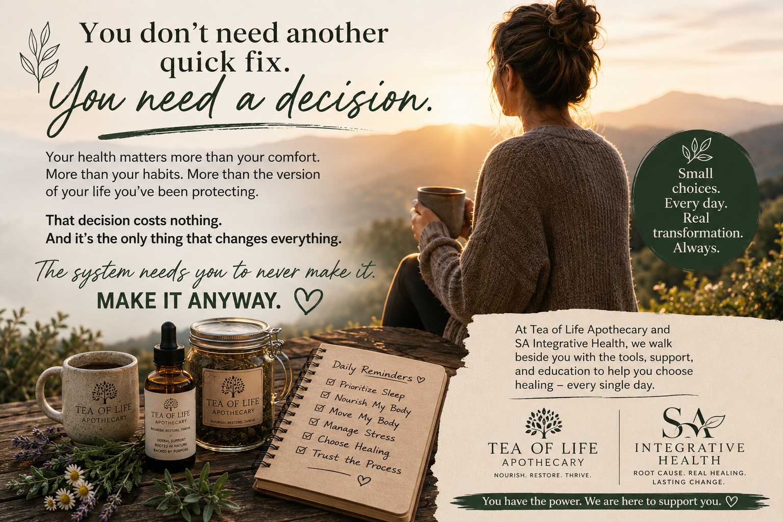 Woman sitting peacefully overlooking a mountain sunrise with herbal tea and wellness products, reflecting on healing, personal responsibility, nervous system regulation, and making daily choices that support long-term health and transformation.