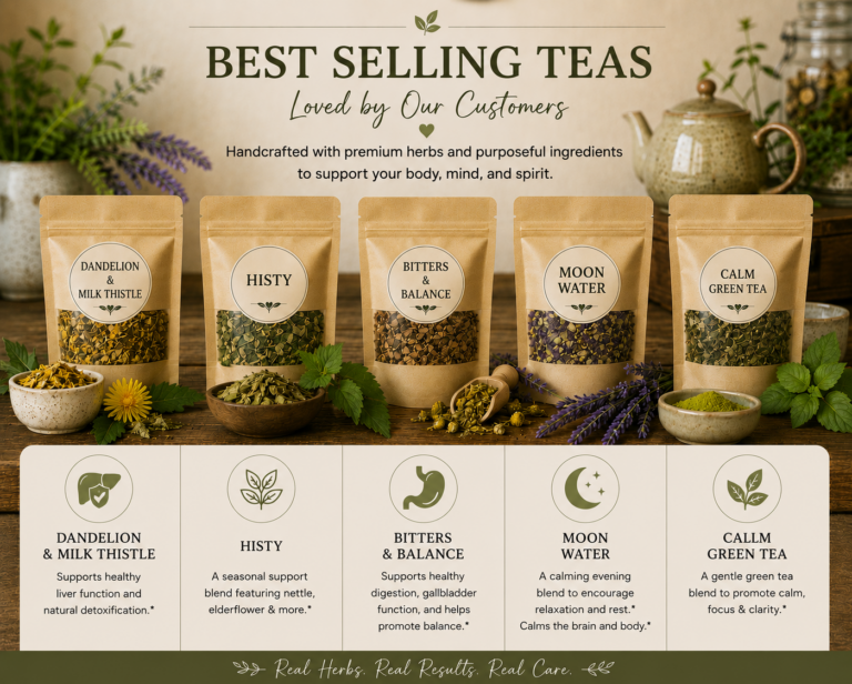 Best-selling herbal teas from Tea of Life Apothecary featuring Dandelion & Milk Thistle, Histy, Bitters & Balance, Moon Water, and Calm Green Tea blends displayed in handcrafted tea pouches with natural wellness benefits.