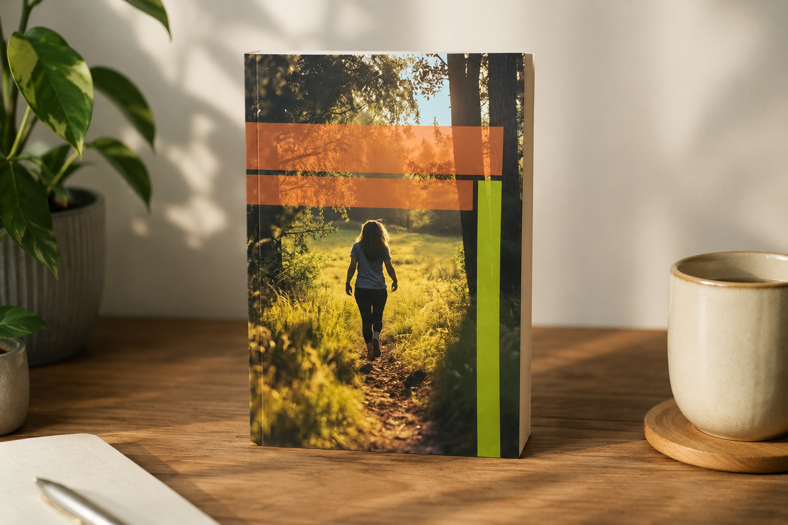 The Breadcrumb Trail book displayed on a wooden desk beside a coffee mug and plant, symbolizing hope, healing, and the journey from chronic illness to wellness.