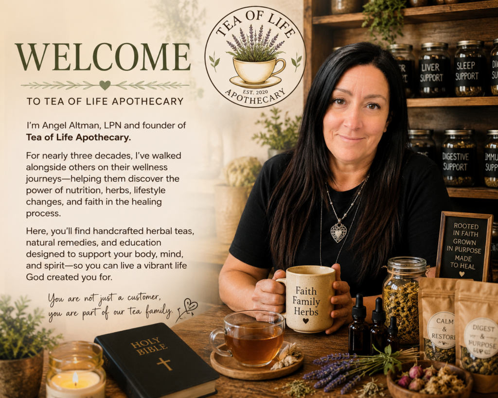 Welcome to Tea of Life Apothecary featuring owner Angel Altman, LPN, surrounded by handcrafted herbal teas, natural remedies, and wellness products in a faith-based herbal wellness setting.