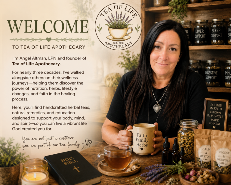 Welcome to Tea of Life Apothecary featuring owner Angel Altman, LPN, surrounded by handcrafted herbal teas, natural remedies, and wellness products in a faith-based herbal wellness setting.