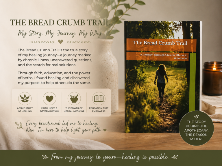 The Bread Crumb Trail book by Angel Altman, founder of Tea of Life Apothecary, telling the true story of her healing journey from chronic illness to wellness through faith, herbal medicine, education, and perseverance.