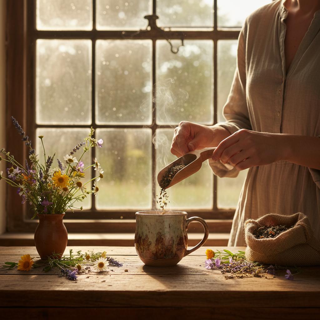 Herbs being added to a cup - relaxation - stress - relief, calm, detox.