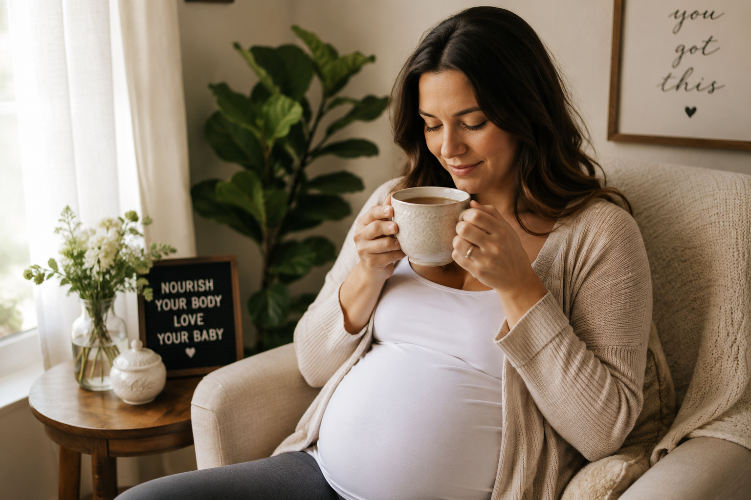 Pregnant woman drinking a warm cup of tea while relaxing at home