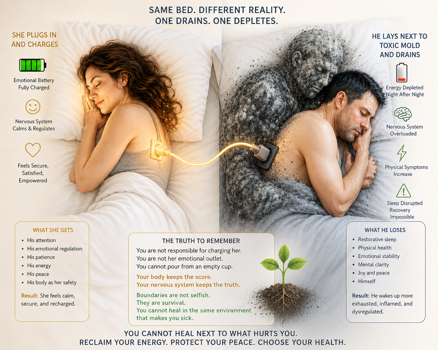 "Illustration showing the effects of chronic emotional stress and unhealthy relationship dynamics on the nervous system, highlighting how long-term emotional caregiving can contribute to fatigue, anxiety, inflammation, sleep disturbances, digestive issues, and emotional exhaustion."