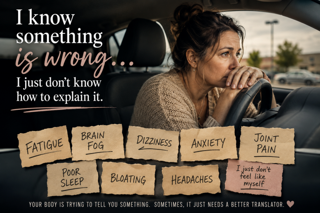 Current image: Woman sitting in her car feeling overwhelmed by unexplained symptoms including fatigue, brain fog, dizziness, anxiety, joint pain, poor sleep, bloating, and headaches.