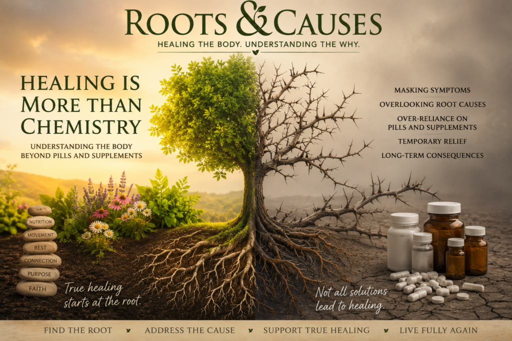 Current image: Roots & Causes featured image for the article "Healing Is More Than Chemistry: Understanding the Body Beyond Pills and Supplements," showing a split tree with healthy roots and flourishing branches on one side and dry, thorny branches on the other. The image symbolizes root cause healing, whole-body wellness, nutrition, movement, faith, and looking beyond medications and supplements to support long-term health.