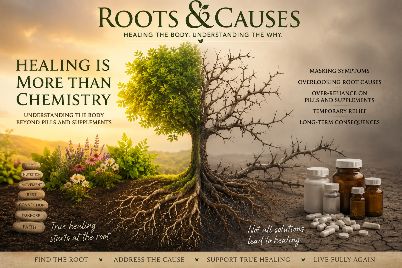 Roots & Causes featured image for the article "Healing Is More Than Chemistry: Understanding the Body Beyond Pills and Supplements," showing a split tree with healthy roots and flourishing branches on one side and dry, thorny branches on the other. The image symbolizes root cause healing, whole-body wellness, nutrition, movement, faith, and looking beyond medications and supplements to support long-term health.