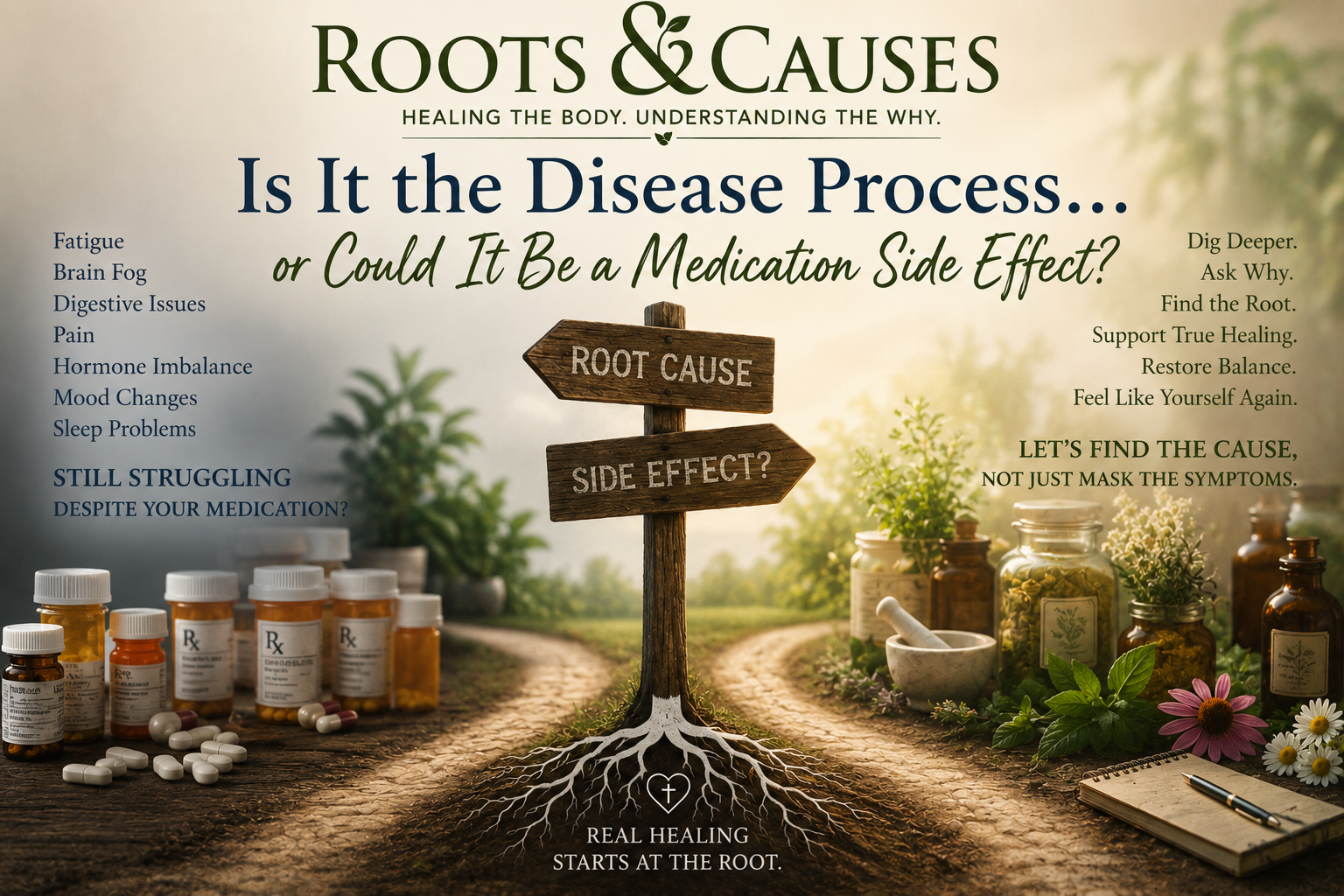 Roots & Causes featured image for the article "Is It the Disease Process…or Could It Be a Medication Side Effect?" showing prescription medications on one side and herbal wellness on the other, connected by a crossroads leading to the root cause. The image symbolizes medication review, functional medicine, integrative healthcare, root cause healing, and finding the underlying cause of chronic symptoms rather than simply masking them.