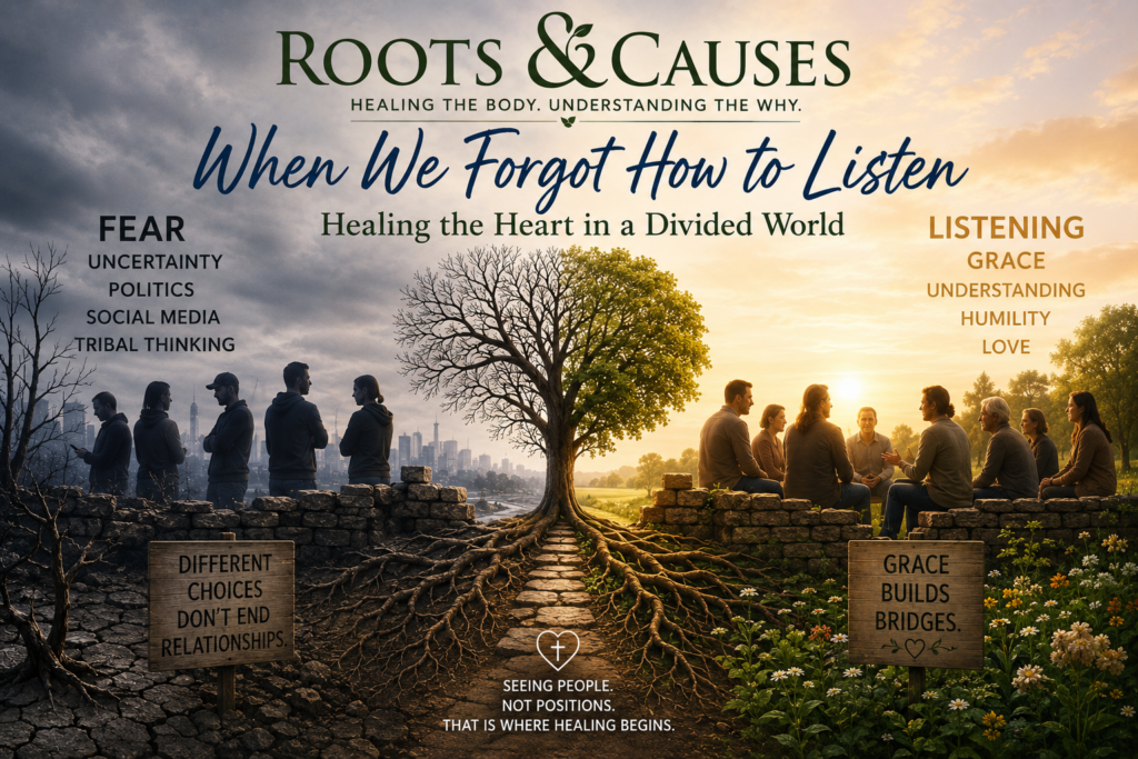 Current image: Roots & Causes featured image for the article "When We Forgot How to Listen: Healing the Heart in a Divided World," showing a symbolic tree with deep roots bridging two divided groups of people, representing healing, grace, reconciliation, understanding, and restoring human connection through faith, compassion, and respectful dialogue.