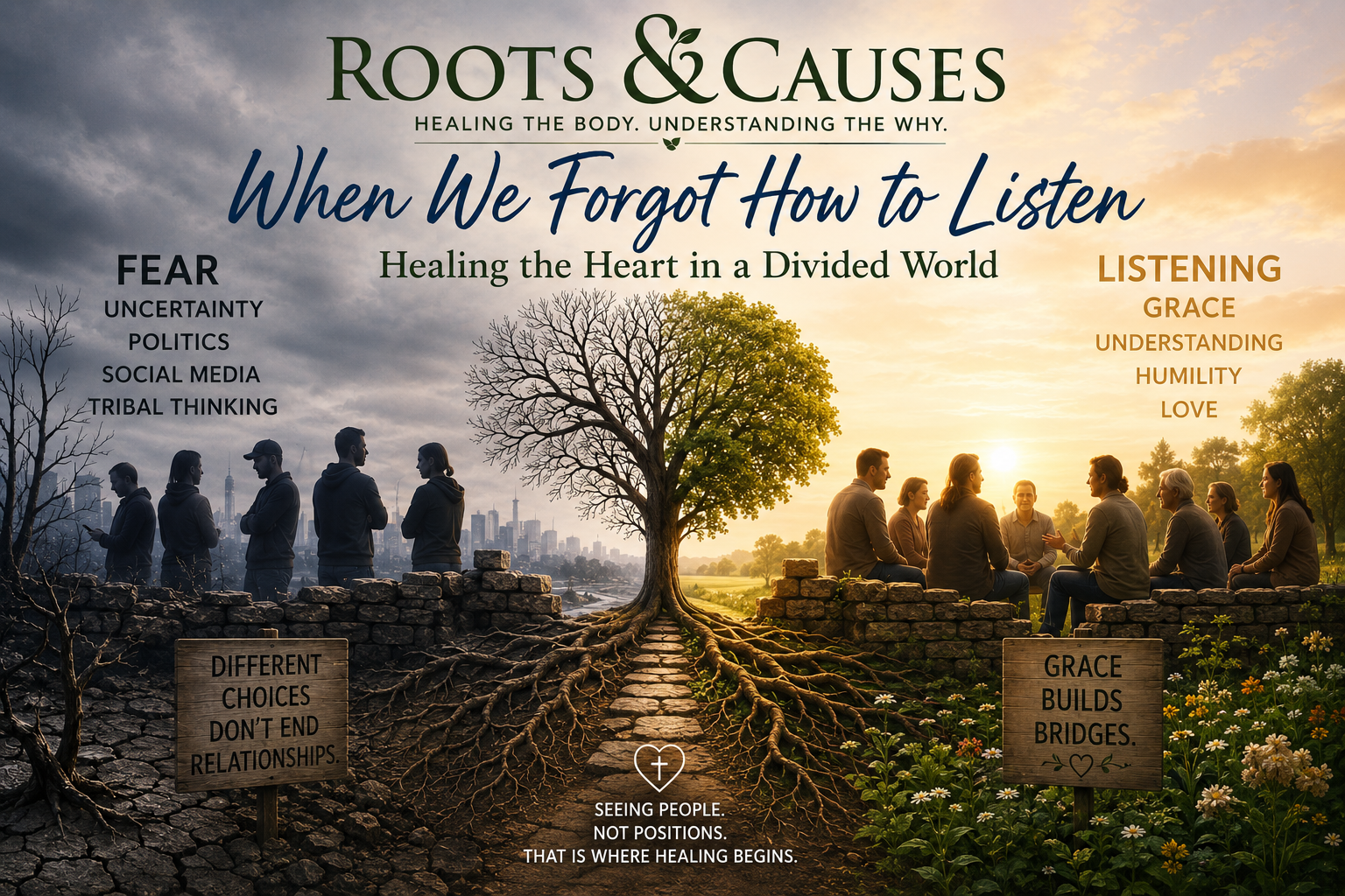 Roots & Causes featured image for the article "When We Forgot How to Listen: Healing the Heart in a Divided World," showing a symbolic tree with deep roots bridging two divided groups of people, representing healing, grace, reconciliation, understanding, and restoring human connection through faith, compassion, and respectful dialogue.