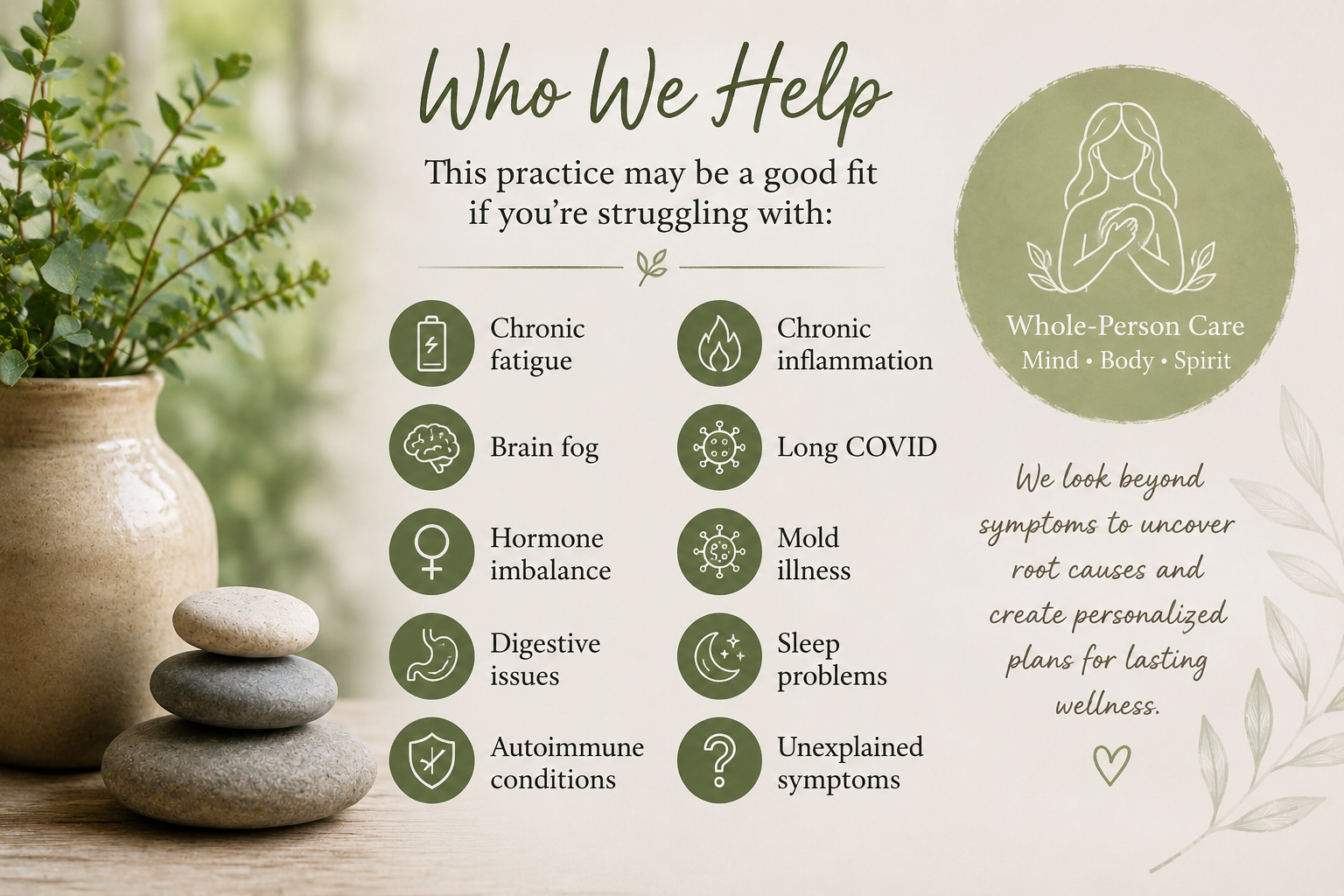 Infographic showing chronic health concerns treated through integrative root-cause care, including chronic fatigue, brain fog, hormone imbalance, digestive issues, autoimmune conditions, chronic inflammation, Long COVID, mold illness, sleep problems, and unexplained symptoms.