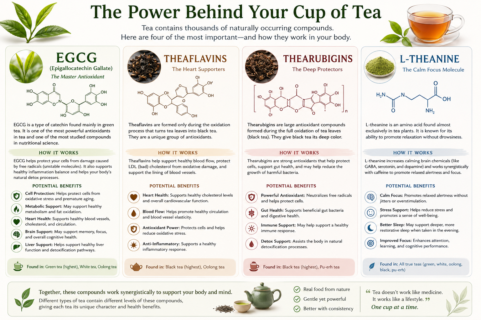 Scientific explanations of EGCG, theaflavins, thearubigins, and L-theanine in plain language.