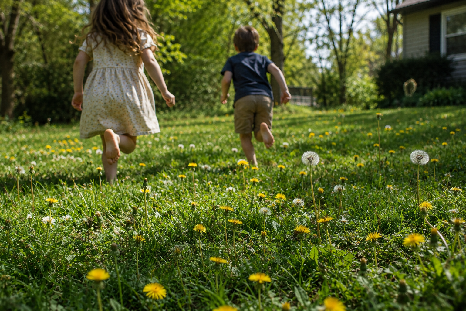 Children running barefoot through a natural yard filled with wild dandelions, highlighting the abundance of dandelion leaf and root and their traditional uses in herbal wellness.