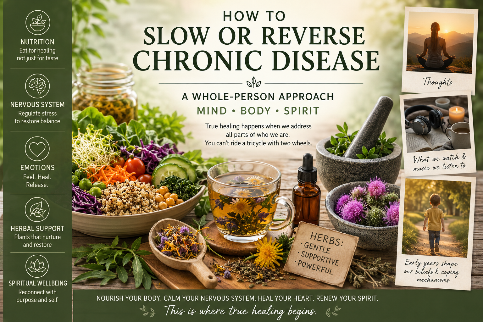 How to slow or reverse chronic disease through a whole-person mind, body, and spirit approach featuring nutrient-dense foods, herbal tea, tinctures, nervous system regulation, emotional wellness, and herbal support.