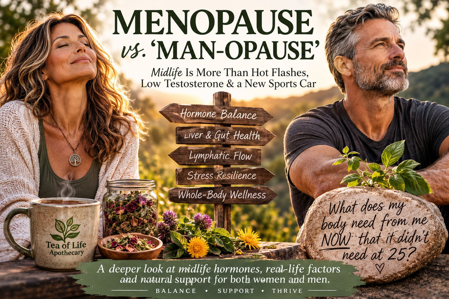 Menopause vs. man-opause midlife wellness graphic showing common hormonal changes in women and men, including hot flashes, fatigue, mood changes, low libido, sleep struggles and weight changes, while highlighting deeper factors such as liver and gut health, stress, nutrition, lymphatic flow, hormones and lifestyle.