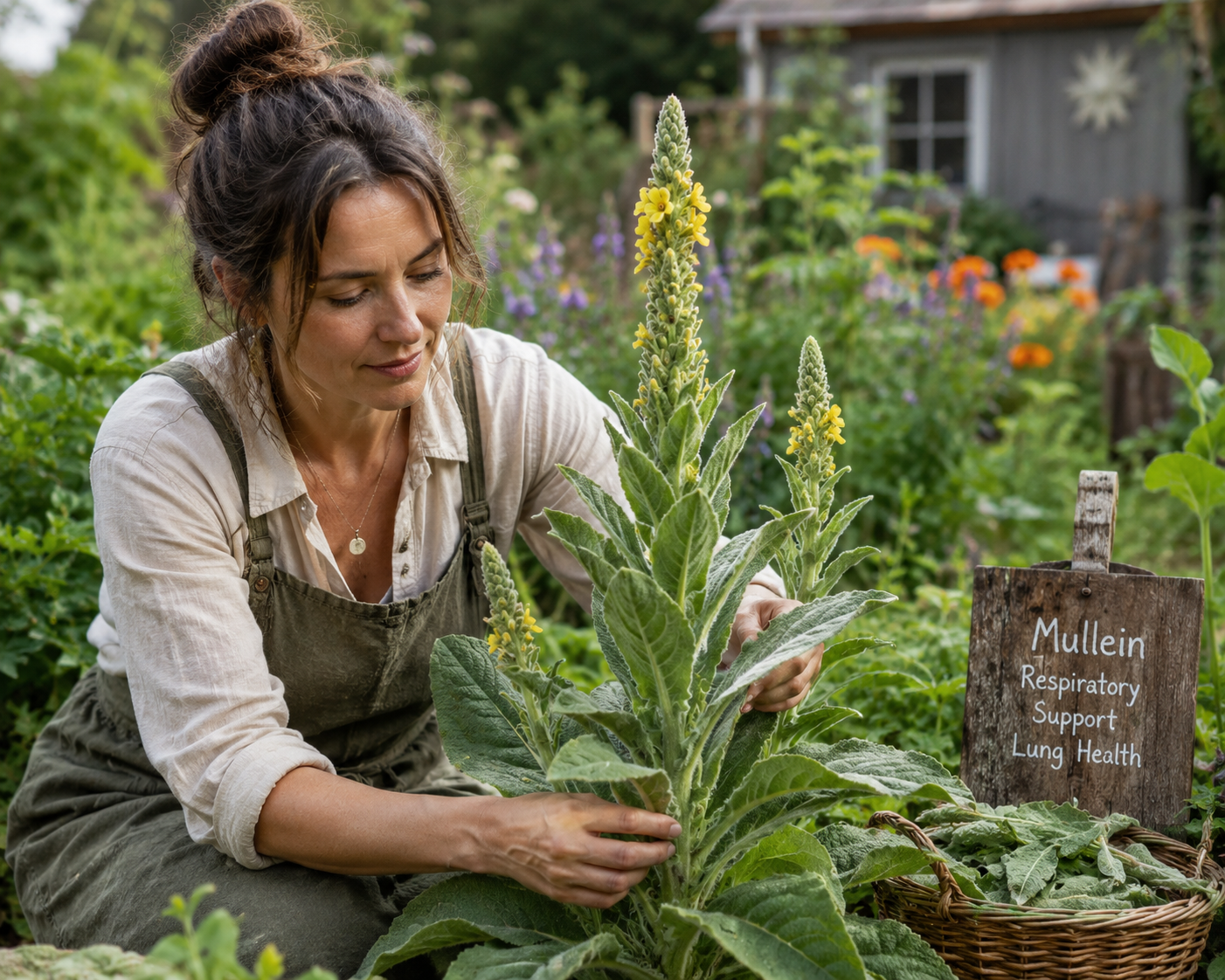 A woman harvests a healthy mullein plant in a lush herb garden, illustrating the traditional cultivation of mullein for herbal tea and tinctures that support respiratory health, healthy mucus clearance, and comfortable breathing.