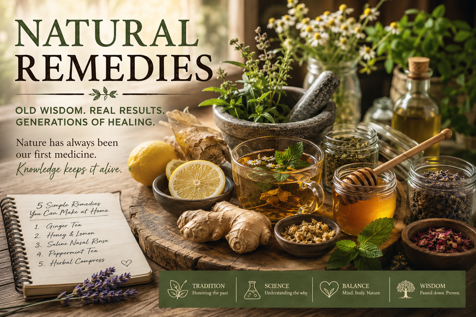 Natural remedies featuring ginger tea, honey and lemon, peppermint, chamomile, lavender and traditional herbs, highlighting generations of herbal wisdom and simple home remedies.