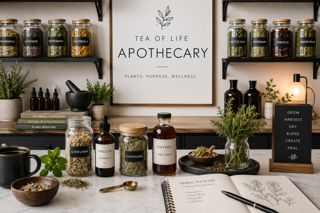 Modern home herbal apothecary featuring dried herbs, herbal tea blends, tinctures, oxymels, medicinal plants, and glass herb jars from Tea of Life Apothecary.
