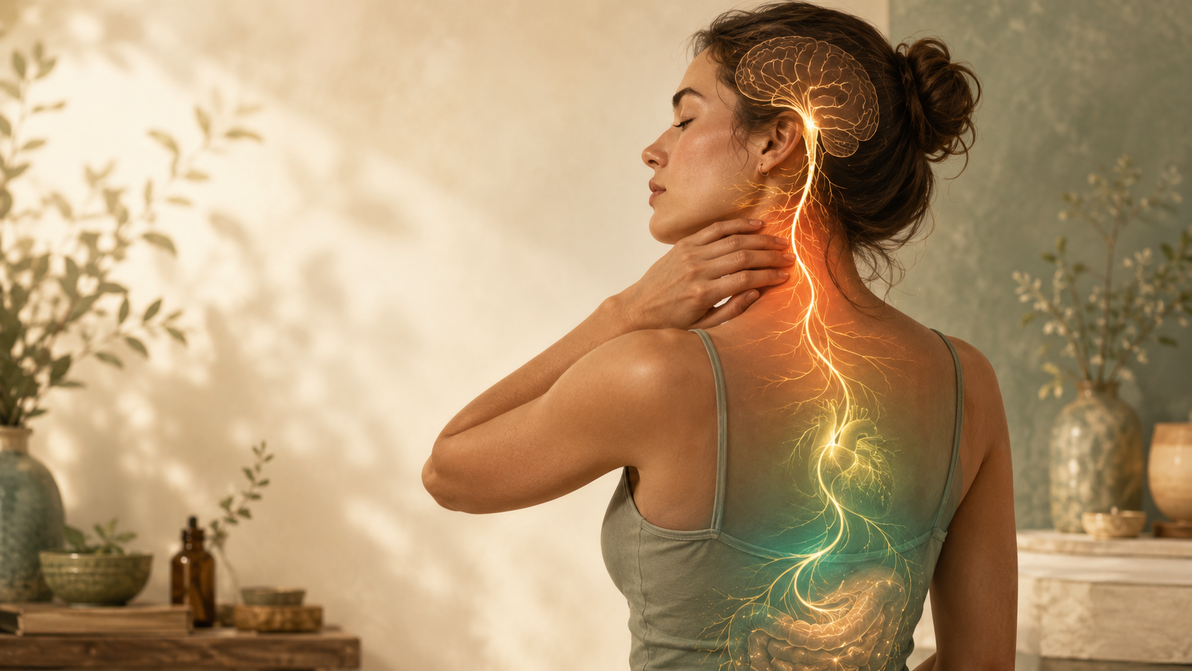 Woman touching her tense neck with an illustrated vagus nerve pathway connecting the brain, heart, and digestive system.