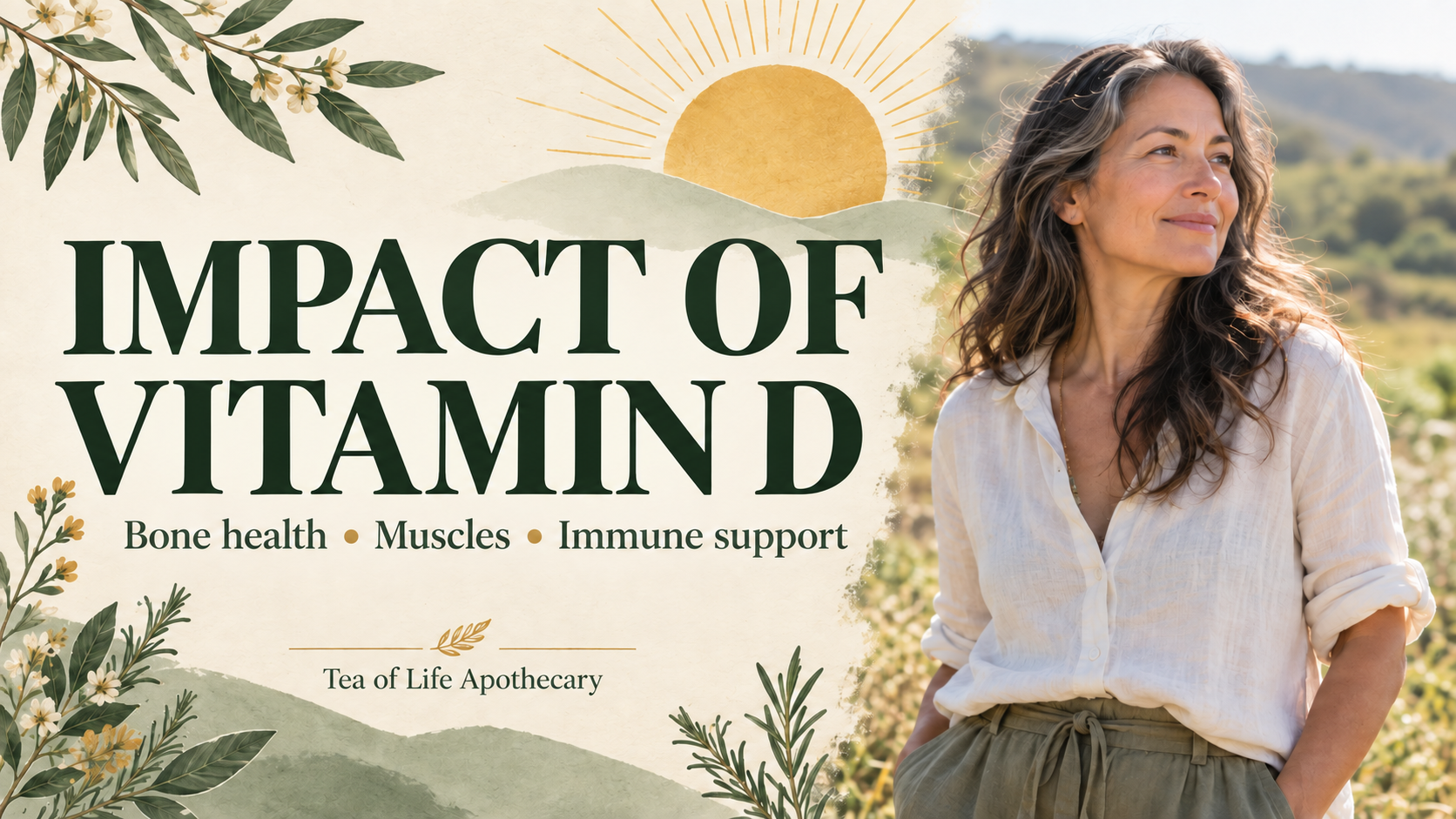 Woman outdoors in morning light beside the words “Impact of Vitamin D,” with references to bone health, muscles, and immune support.