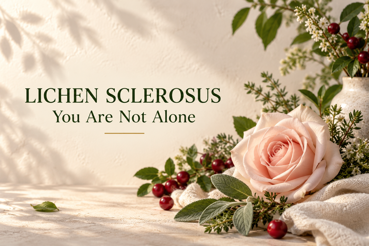 Lichen sclerosus women’s health awareness image featuring a soft pink rose, cranberries and calming herbs with the reassuring message “You Are Not Alone.” Learn about LS symptoms, holistic testing, thyroid and autoimmune connections, and supportive natural care.