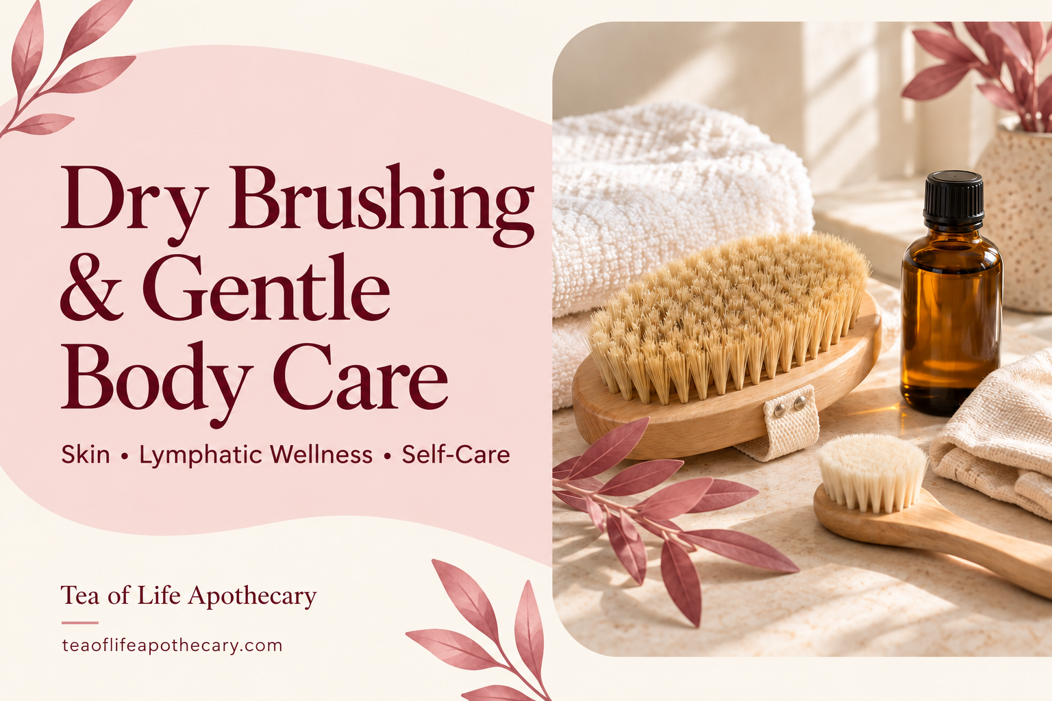 Pink and cream Tea of Life Apothecary graphic featuring dry brushes, nourishing skin oil, and soft towels, titled “Dry Brushing & Gentle Body Care.”