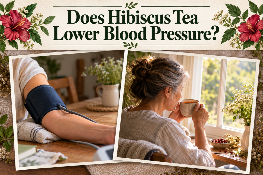 Current image: Overlapping photos of an arm with a blood pressure cuff and a woman sipping herbal tea by a morning window, beneath the headline “Does Hibiscus Tea Lower Blood Pressure?”