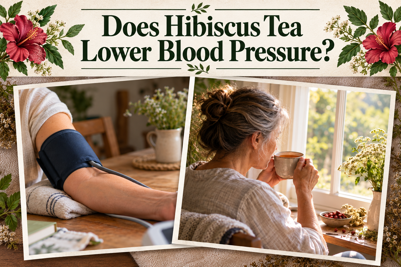 Overlapping photos of an arm with a blood pressure cuff and a woman sipping herbal tea by a morning window, beneath the headline “Does Hibiscus Tea Lower Blood Pressure?”
