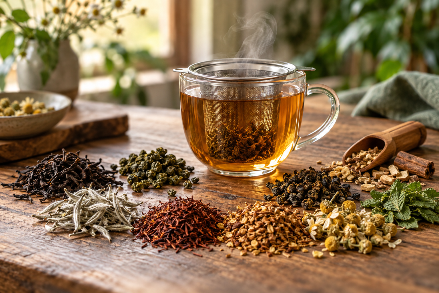 A steaming glass cup of tea with a basket infuser, surrounded by loose-leaf teas, chamomile flowers, mint, roots, and cinnamon on a rustic wooden table.