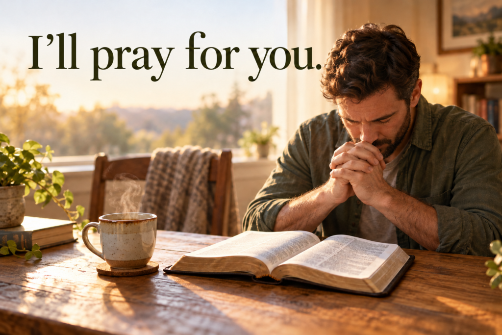 Current image: A man prays over an open Bible beside a steaming cup of tea in warm natural light, with the words “I’ll pray for you” across the top.