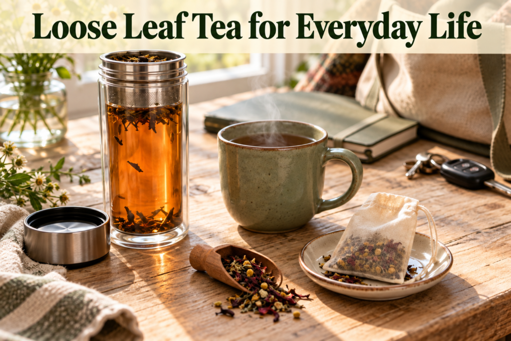 Current image: Loose leaf tea in an infuser thermos beside a warm mug, an unbleached tea bag, and dried tea leaves, showing simple ways to enjoy tea every day.