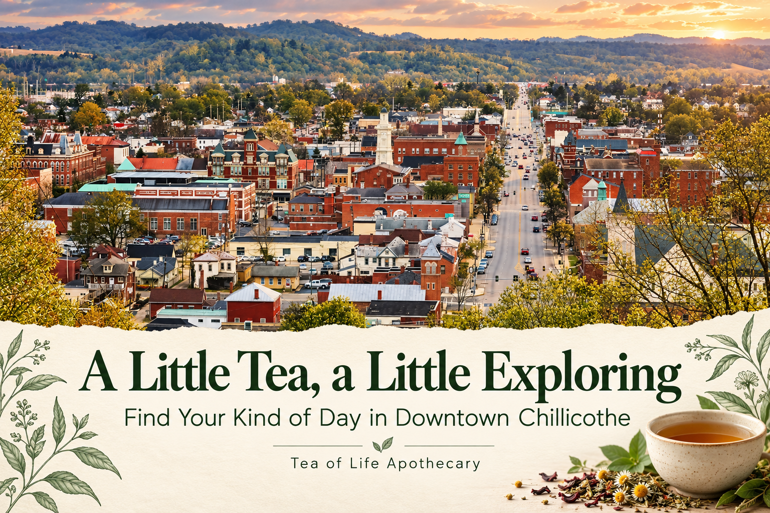 Downtown Chillicothe, Ohio, with a cup of herbal tea and botanical accents promoting local exploring with Tea of Life Apothecary.