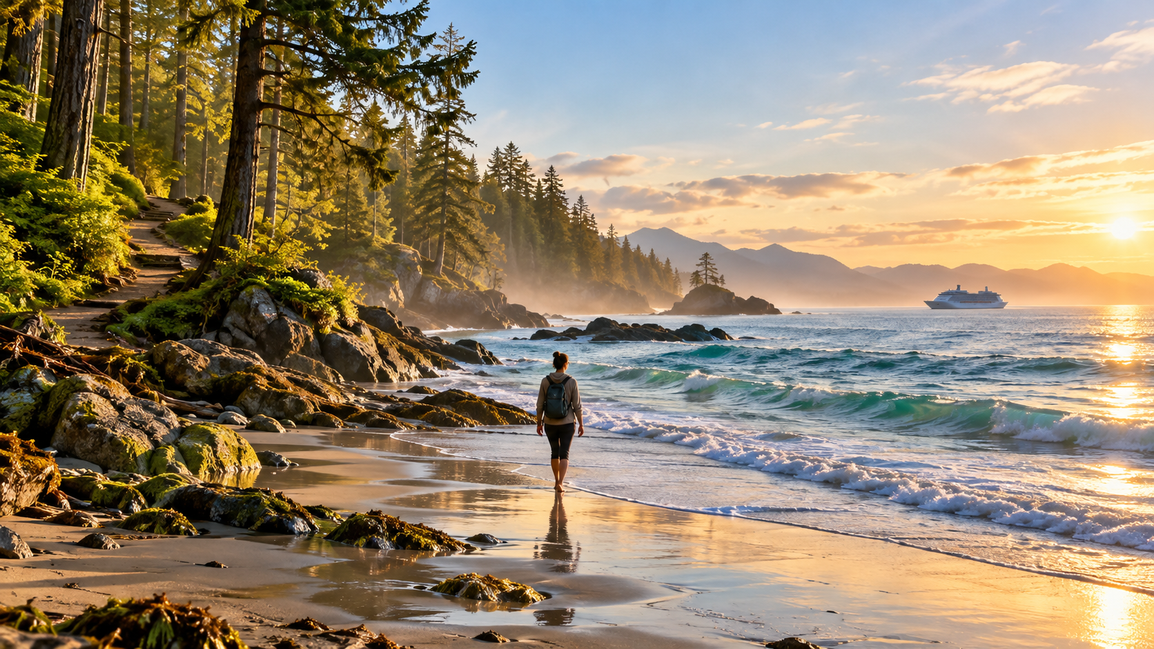 A peaceful beach walk at sunset, with a forest trail along the shore and a cruise ship on the horizon, illustrating the restorative side of travel and time in nature.